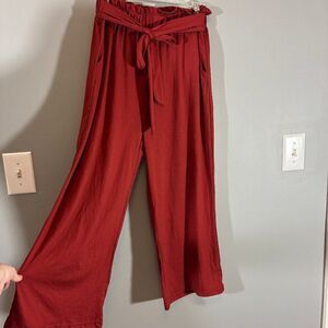 Women's Rust Colored Wide Leg Paper Bag Stretch Tie Waist Stretch Pants Size M